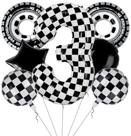 40 Inch Checkered Number 3 Balloon Large Black and White Race Car Birthday Balloons Inflatable Tire Balloons for 3rd Birthday Racing Theme Party Decorations Supplies 7 Pcs