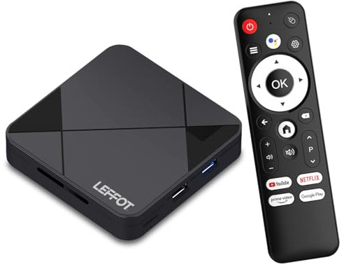 LEFFOT Android 14 TV Box 2025, RK3518 4K Ultra HD Boitier TV, 2Go RAM 16Go ROM, Boitier Smart TV avec Télécommande Vocale, HDR10, 2.4G & 5G WiFi 6, BT 5.4, USB 3.0, 100M Ethernet, RK3518 Quad Core A53