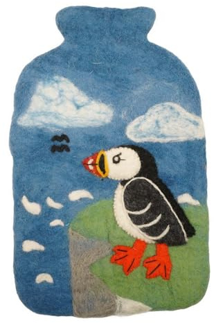 Pachamama Handgefilzter Wärmflaschenbezug und 2-Liter-Wärmflasche, Papageientaucher-Vogel-Muster, handgefertigt, Fair-Trade, mehrfarbig