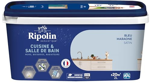 RIPOLIN Peinture Intérieure Cuisine et Bain Effet Perlant Bleu Maraone 2 L | Peinture Spécialement Conçue pour les Pièces Humides, Technologie 'effet Perlant', Grande Résistance aux Graisses