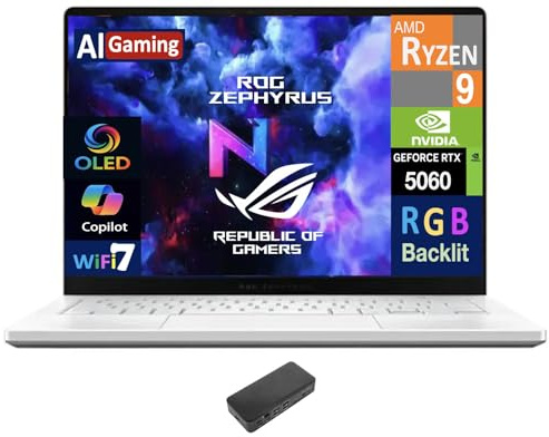 ASUS ROG Zephyrus AI Gaming Laptop 14.0 120Hz OLED 2.8K Display (AMD Ryzen 9 270, GeForce RTX 5060 8GB, 16GB LPDDR5X, 4TB PCIe SSD, RGB KB, WiFi 7, Webcam, Win 11 Home) w/USB-C Dock