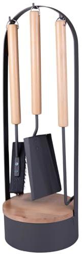 raik Magnus Serviteur de cheminée 4 pièces en acier et bois anthracite 61 cm avec tisonnier, pelle de cheminée, balai et boîte de rangement pour allume-feu, design moderne pour cheminée ou insert de