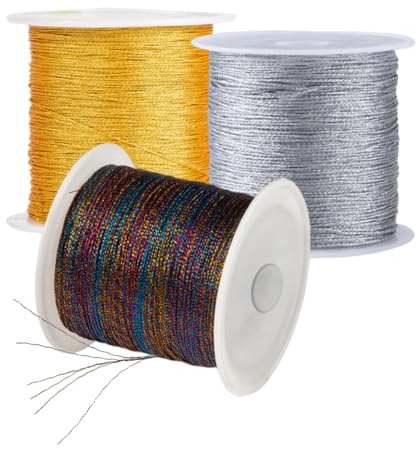 3 Rollen Metallic Kordel Makramee Schnur Gold Silbern Dünn Glitzergarn 0.4 mm x 50 m/Rolle für DIY Handwerk Schmuckherstellung Halskette Armband 150m