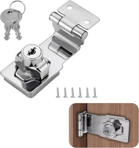 COAFTUG Keyed Hasp Lock Right Angle 90 Degrees 4 inch Hasp and Staple with Padlock Silver Door Latch Hasp Twist Knob Shed Door Locks Zinc Alloy Keyed Locking Hasp with Key for Bedroom Cupboard Gate