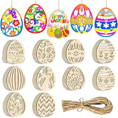 VONJUMA 20 Pcs ciondoli in legno per Pasqua fai da te uova di Pasqua conigli fiori fai da te per dipingere in legno per bambini uova di Pasqua