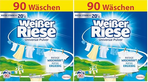 Weißer Riese Universal Pulver (90 Waschladungen), Vollwaschmittel mit riesiger Waschkraft schon ab 20° C, riesig ergiebiges Waschpulver, ideal für Familien mit Kindern (Packung mit 2)