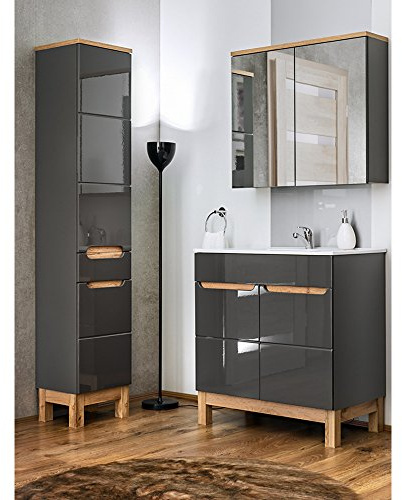 Lomadox Badmöbel Set 3-teilig 80 cm mit Hochglanz Fronten, Waschtischunterschrank inkl. Keramik Waschbecken, Hochschrank und Spiegelschrank