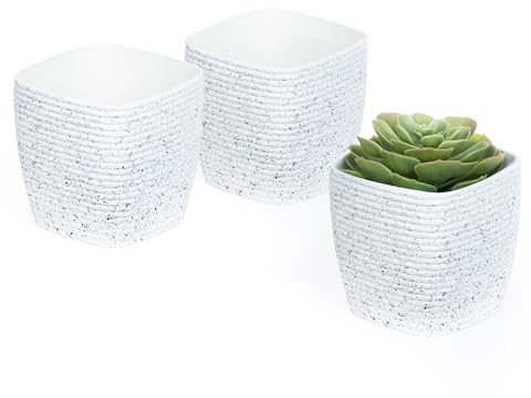 LIVIVO Small Succulent Pot - 3Pcs 12cm Marble Effect Small Plant Pot Indoor | Hard Wearing Flower Cactus Pots for Indoor or Outdoor - Durable Plastic Plants Containers for Home Office Decor (3, White)