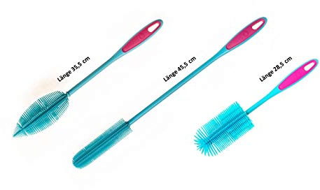 Kochblume Flaschenbürste 36cm & Flaschenbürste Slim & Silikon Spülbürste Rund 3er Set | Premium-Silikon | Hitzbeständig | Spülmaschinenfest | Für Trinkflaschen, Thermoskannen & Gläser | Farbe: türkis
