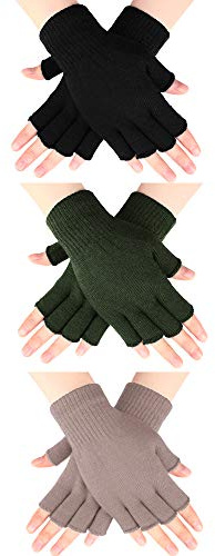 SATINIOR 3 Pares de Guantes de Medio Dedo Guantes sin Dedos de Invierno Guantes de Punto para Hombres Mujeres (Marrón, Negro, Verde Militar)