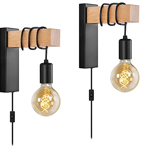 Black Plug in Wall Sconces Set of 2, E27 Wall Lamp for Bedroom Farmhouse Reading Sconces Wall Mounted Lighting Fixture Wall Lights