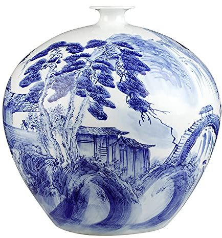 RTYHN Klassischen Blau-WeißEn Porzellan Vase 29×28cm,Vintage Keramik Kleine Vase,Handgefertigte Dekorative Vase,China Ming-Stil
