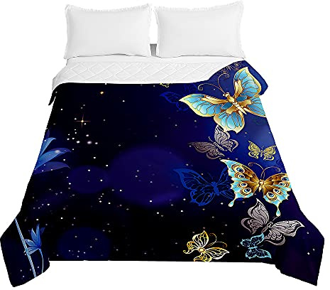 Surwin Couvre Lit Matelassé pour 1/2 Personnes, Imprimé Papillon 3D Dessus de Lit Réversible Couverture de Lit Doux Microfiber Jeté de Lit Couvre-lit Printemps Été (Bleu doré,180x220cm)