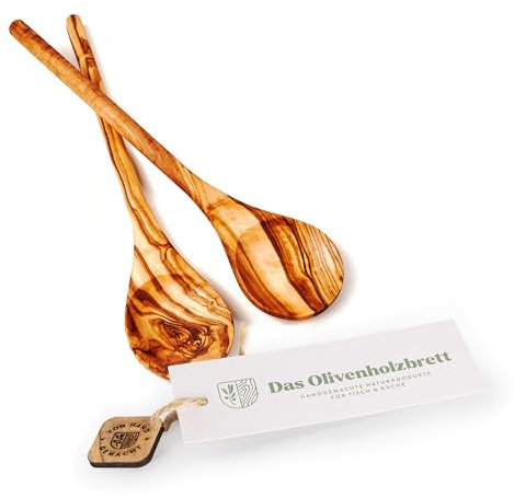 das Olivenholzbrett Lot de 2 cuillères de cuisine en bois d'olivier, faites à la main, marron