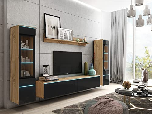 PIASKI Conjunto de Muebles de salón Vera II, iluminación LED Opcional, Juego de Muebles de salón, Distintos Colores (Wotan/Negro Brillo, con iluminación LED)