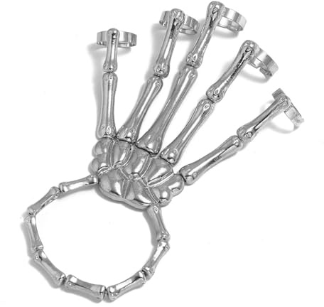 ITODA Halloween Skull Ring Bracelet Handmade Gothic Punk Skeleton Hand Bracelet Skull Finger Hand Bone Wristband Goth Horror Ghost Claw Ornaments for Halloween Nightclub Party Women Girls