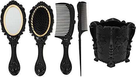 Kichvoe Haarbürste Vintage Schwarz Haarbürste Kamm-Set Bürste Kamm-Set Nassn Perückenbürste Vintage Handspiegel Mit Halter n Halter Mit Handspiegel