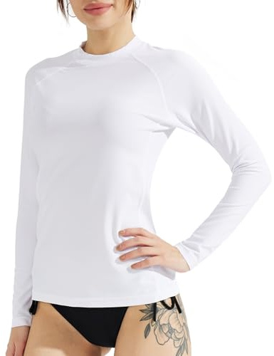 SURFEASY Damen Rash Guard Langarm Sonnenschutz Schnelltrocknend Badeshirt Surf Shirt Schwimmen Bademode(Weiß, XL)