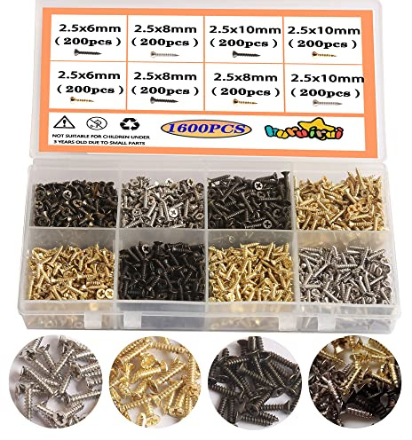 huruirui Lot De 1600 Petites Vis À Bois M2.5, Vis Autotaraudeuses 6mm 8mm 10mm,tête Plate,tête Cruciforme,vis Autotaraudeuses, Pièces Pour Réparation D'appareils Dorés Argent Noir