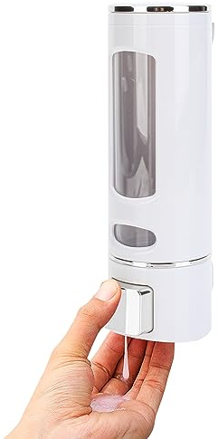 450ml Seifenspender für die Wandmontage - Manueller Handshampoo- und Duschgelspender für Bad und Küche - Lotionbehälter - Praktisch und stilvoll (Weiße Muschel, Silberne Presse)