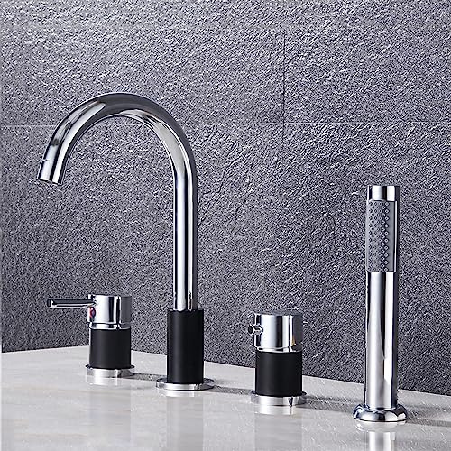 XJTNLB Wannenrandarmatur 4 Loch Badewannenarmatur, Mischbatterie Badewanne mit Brause Dusche Badewanne Armaturen Set Schwarz+Chrom