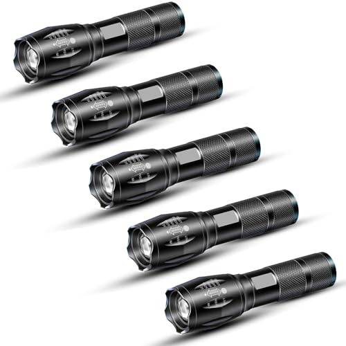 Lot de 5 lampes de poche LED puissantes, zoomables et tactiques, haute luminosité et 5 modes, étanche, portable pour urgence, camping et utilisation en extérieur