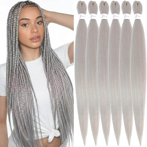 Xusuperb 30 Zoll Lang Pre Stretched Braiding Haare Silver Grey Easy Braids Extensions Silber Kanekalon Kunsthaar zum Einflechten 6 Packs Vorgestrecktes Flechthaar Yaki Zöpfe Haarverlängerungen(Grau#)
