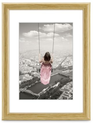 Hama Bilderrahmen Swing, 40x50cm (mit Passepartout Bildformat 28x35 cm, moderner Kunststoffrahmen, für Hochformat, für Querformat, zum Hängen, Reflex Glas, Holzoptik) Natur