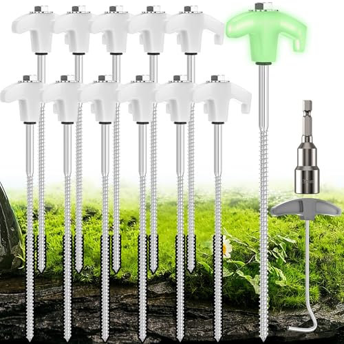 YAOBLUESEA 12Pcs Schraubheringe Zelt-Heringe aus Stahl Camping Zeltheringe Set, Leuchten im dunklen Heringe Erdnägel Stabil Zelt Erdanker 25CM Mit Sechskantbohrer für harten Boden Wald Gras