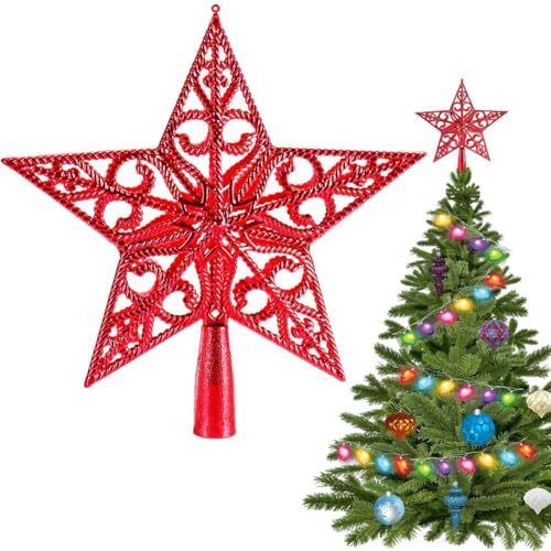 Weihnachtsbaumspitze Stern, Vintage Leicht Klassisch Kunststoff Ausgehöhlt Weihnachts Dekoration Stern, Sterns für Weihnachtsbaum-Spitze, Ideale Christbaumspitze Dekoration Ornament (Rot)