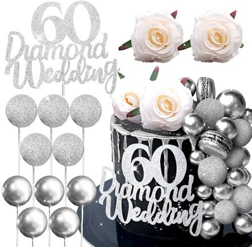 LaVenty 60th Diamond Wedding Anniversary Cake Decoration Silver Balls Rose 60th Diamond Wedding Anniversary Cake Topper Cheers To 60s Decoration