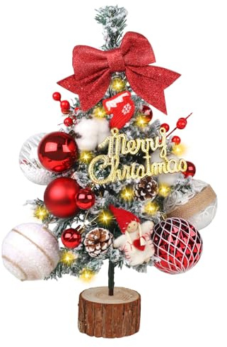 Mini Weihnachtsbaum Tisch 45cm mit LED-Lichtern, DUOJIN Künstlicher Mini-Baum für Weihnachtsdekoration, künstlicher Weihnachtsbaum, Weihnachtsdekoration, mit Dekorativem Schnee Kiefer, Rot