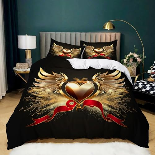 Set Copripiumini E Federe Ali Moderne A Forma Di Cuore 260 cm x 220 cm Nero Oro, Set Copripiumino Morbido E Traspirante Con Chiusura A Cerniera, Set Di Biancheria Da Letto Con Motivo Stampato 3 Pezzi