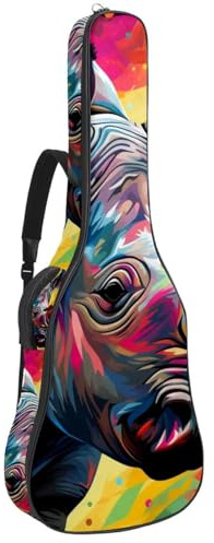 Gitarrentasche für Akustikgitarre mit zwei Taschen, buntes Rhino 5, wasserabweisend, doppelt verstellbarer Schultergurt, Gitarrentasche, Buntes Nashorn, 42.9x16.9x4.7 in, Stilvoll