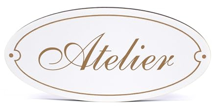 Dekolando Deko Türschild oval - Atelier - Schild 15 x 7 cm - Schilder Türschilder Namensschilder Wohnung selbstklebend Holzschild Tür Holzschilder