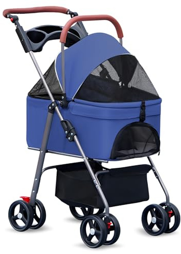 Fiauli Haustier-Kinderwagen Premium 3-in-1, Hundewagen für kleine Hunde, mittelgroße Hunde, 15 kg, zusammenklappbarer, leichter Hunde-/Katzen-Welpenwagen mit abnehmbarer Tragetasche und Getränkeha