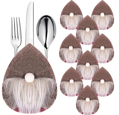 Przydasie Bestecktaschen 10er-Set – Filz in Brauntönen – 14 x 10 cm – Weihnachtsdekoration mit Wichtel-Motiv – Festlich und langlebig – Für stilvolle Tischgestaltung