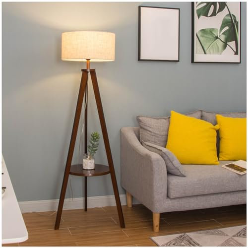 Lámpara de pie con trípode de Madera Maciza, lámpara de Lectura Moderna con Base E27, lámpara de pie con Estante de Almacenamiento, Pantalla de Lino, para Sala de Estar, Dormitorio, Oficina,