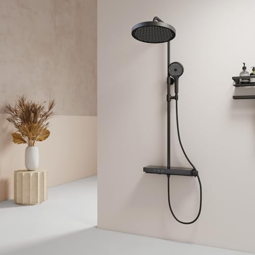 EMKE® Duschsystem mit Thermostat, Regendusche mit Thermostat mit 40 cm Glasablage, Übergröße Regendusche + Handbrause 3 Strahlarten + Unterer Auslauf, Einfach Install Brauseset, KTW, Schwarz Matt