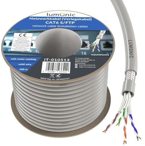 Lumonic LAN Cable de red 100m | LAN Cable CAT6 S/FTP | Cable de Instalación 4x 2x AWG24/1 (solidr) | 250MHz 10 Gbit/s Ethernet