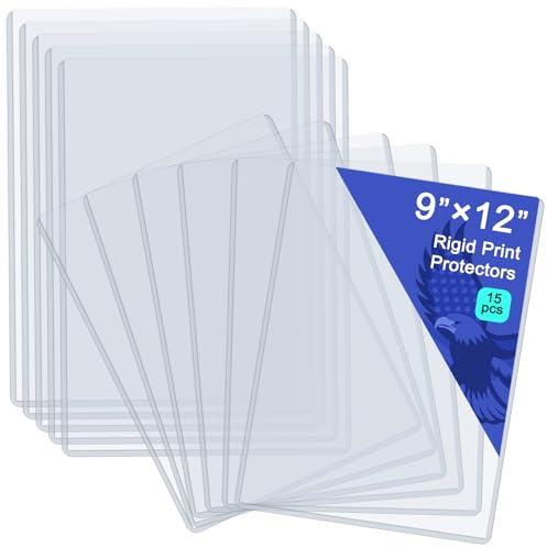 Rainmae 15 Pack 9 x 12 Rigid Print Protectors, Clear Hard Plastic Sheet Protectors, Waterproof Photo Top-Loading Sleeves Rigid Menu Holders Cards Photos Drawings Artworks Poster Prints Documents