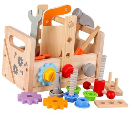 POPETPOP Caisse à Outils Bois pour Garçon Fille Éducatif et Réaliste Coffret de Bricolage pour Garçons et Filles Cadeau Déveil et Apprentissage Set pour Les Vis