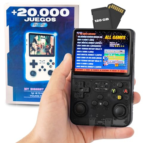 Consola Retro Portátil R36S – 20.000 Juegos Preinstalados, Pantalla IPS 3.5”, 128GB, Emulador Portátil Multijuegos, Mini Consola Retro con Joystick Dual Niños y Adultos