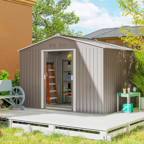 Outsunny Caseta de Jardín Exterior 4,9 m² 277x195x192 cm Gris Claro | 4,9 m², Cobertizo de Jardín Exterior, Puerta Corredera, Techo de Fibra de Vidrio, 4 Ventanas, Base Refuerzo Suelo NO Incluido