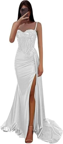 Vestidos de Fiesta de satén Vestidos con Apliques de Encaje Estilo Sirena Vestido de Noche con corsé Plisado y Abertura Blanco M
