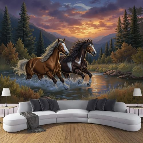 Fotomurales 400×280cm Naturaleza Bosque Papel Pintado Tejido No Tejido, Montañas Caballos Fotomural Efecto 3D Papel Tapiz XXL Decorativos pared Murales Verde Póster para Dormitorio Salón