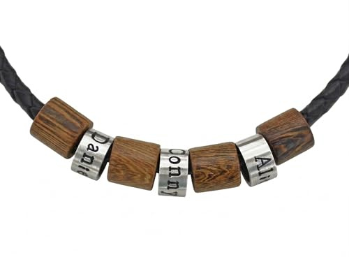 Timbalino Personalisierte Handmade Männerkette, Beads mit Gravur und Holzanhänger, schwarze Lederkette