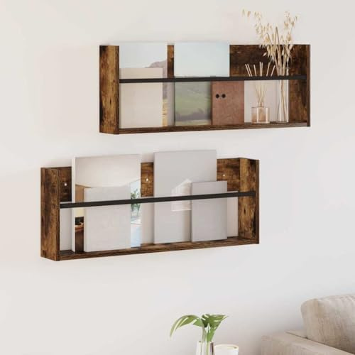 Runheo Magasinhylla av trämaterial med 2 hyllbrädor, 80 x 12 x 30 cm, rökt ek, väggmontering för vardagsrum, kontor, badrum, tidningsställ och broschyrstativ för utrymmesbesparande