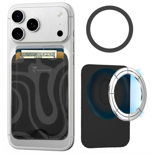 TECHMADE Korthållare kompatibel för iPhone, adapterring ingår - plats för 3 kort eller kontanter, snabbt utdragningssystem - RFID-blockering, veganskt konstläder, Fantasy svart, Taglia Unica