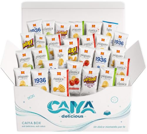 CAIYA BOX San Carlo Aperitivo da 30 Pezzi - Bustine Assortite da 20-25g - Patatine e Snack Monoporzione - Gusti Casuali tra Antica Ricetta, Classica, Dixi, Light, Più Gusto, Rustica e Virtual